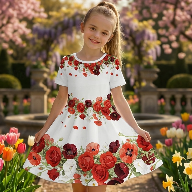 Girls' 3D Floral Graphic Dress Short Sleeve 3D Print Summer Spring Daily Vacation Party Cute Basic Casual Kids 4-12 Years Casual Dress A Line Dress Knee-length Regular Fit 2026 - $10.99 –P3