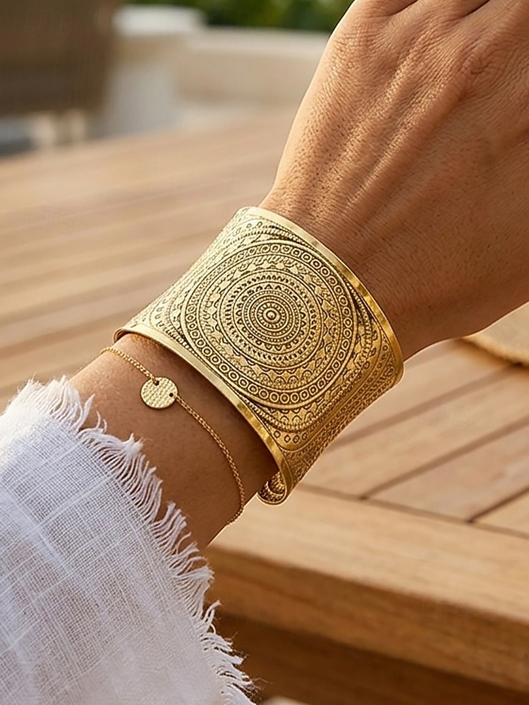 Brățară tip manșetă boemă din aliaj pentru femei, cu model deschis, din aur și argint, pentru vacanță la plajă, ținută casual zilnică, stil resort și bijuterii de vară. 2026 - $7.99 –P1