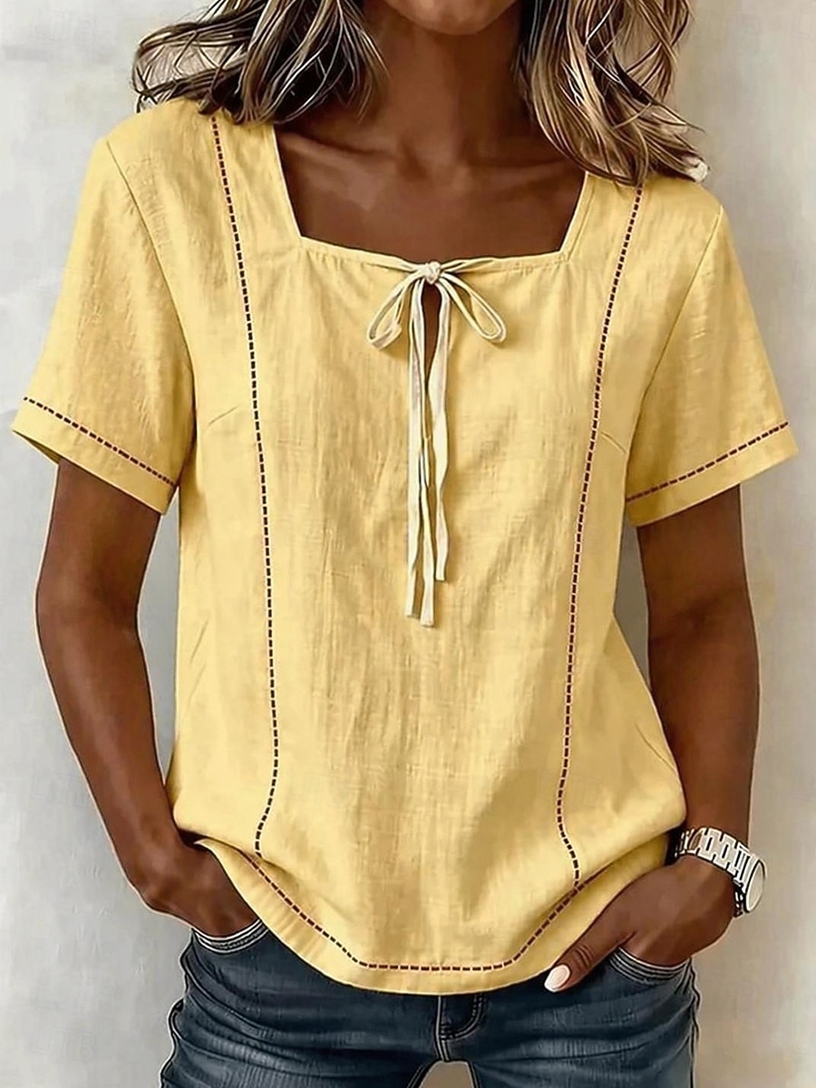 Damen Hemd Kordelzug Vorderknoten Bohemien Urlaub Vintage Kurzarm Asymmetrisch Lange Oberteile Lässig Täglich Arbeit Weiß Gelb Dunkelblau Beige Leicht Blau Sommer Frühling 2026 - $28.99 –P6