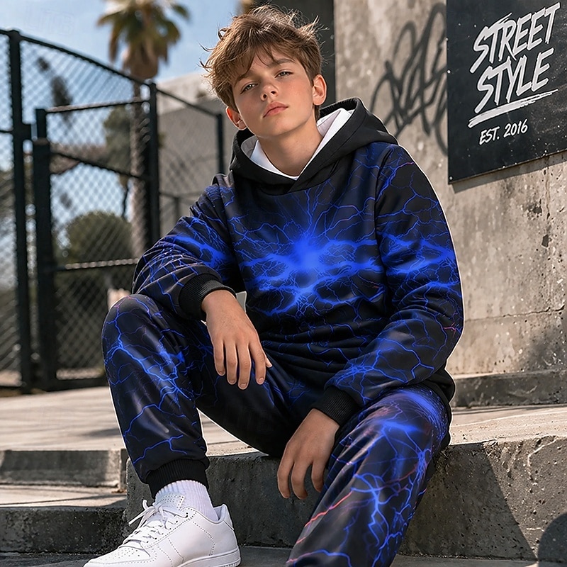 Boys' 3D Graphic Lightning Hoodie & Sweatpants Set Sports Suit Tracksuits Long Sleeve 3D Print Spring Fall Sports Fashion Casual Kids 4-12 Years Hooded Outdoor Street Regular Fit 2026 - $32.99 –P3