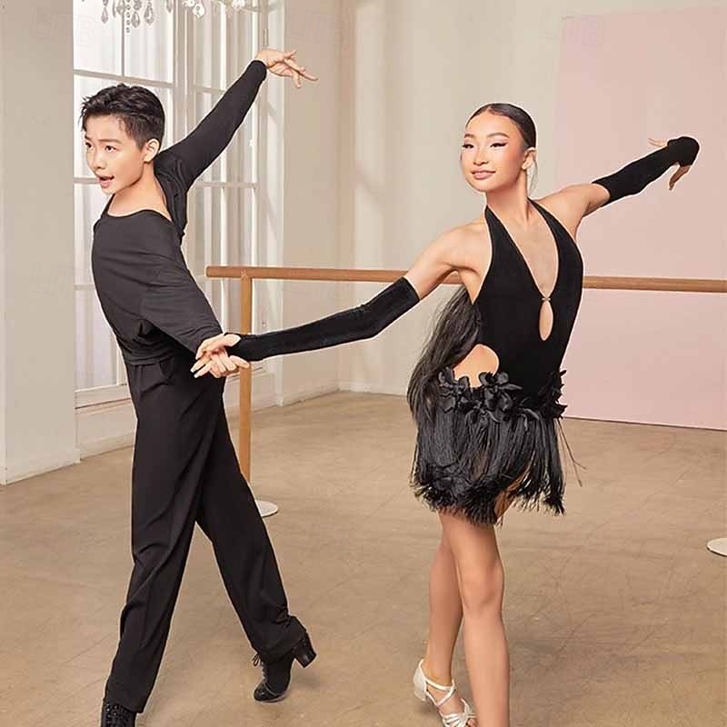 Junior Latin Dance Costume - Black Fringe Dress with Halter Neck, 3D Flowers & Mesh Sleeves for Performance 2026 - $220.49 –P9