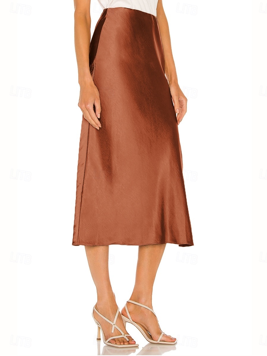 Per donna Gonne in raso Elegante Moda Midi Vita Alta Gonne Semplice Con Spacco Micro-elastico Feste Data Nero Champagne Marrone Verde Estate del 2026 a $29.99 –P14