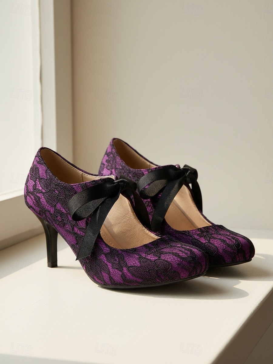 Décolleté vintage anni '50 da donna in pizzo viola scuro - eleganti scarpe con tacco in pizzo floreale viola intenso e fiocco in nastro di raso &cinturini incrociati per balli retrò e serate di gala del 2026 a $59.99 –P3