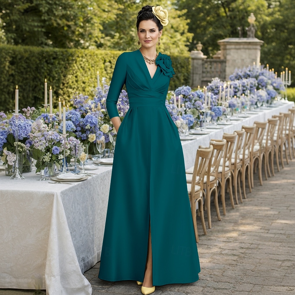 Linea ad A Sirena Tromba Tubino Colonna Lunghezza al pavimento Abito da invitata a nozze Abito Formale Abito da sera Abito da cerimonia per signora Manica 3/4 Mezza Manica Scollo a V Collo gioiello del 2026 a $160.99 –P6