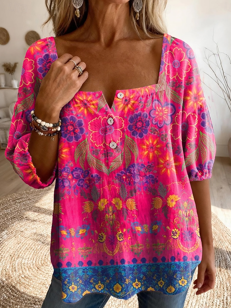 Per donna Blusa Stampato Floreale Grafico Quotidiano Elegante Casual Mezza Manica Collo quadrato Top Regolari Casuale Quotidiano Blu Giallo Rosso Viola Estate Primavera del 2026 a $33.99 –P2