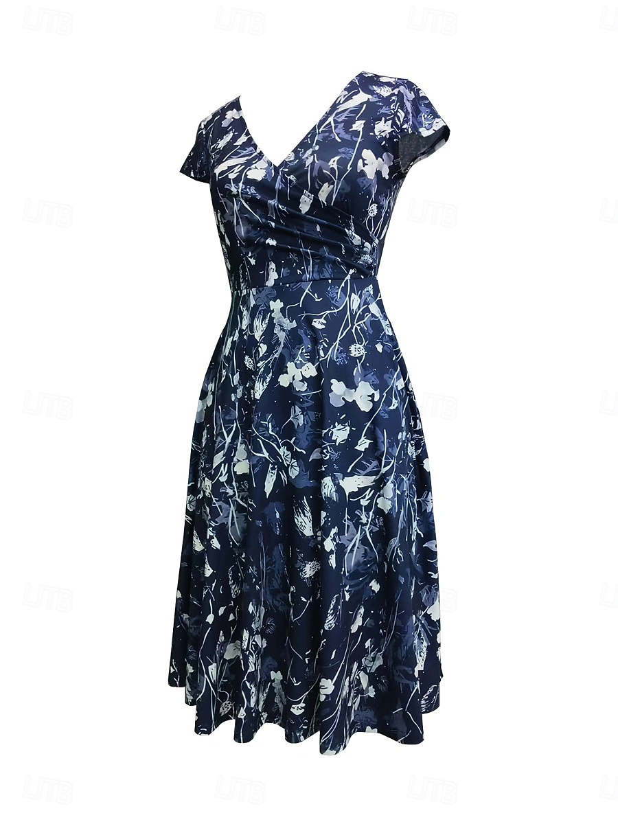 Per donna Mini Abito Abito a Portafoglio Abito a trapezio Abito aderente e svasato Formale Ad aletta Quotidiano Ufficio Vestibilità regolare Floreale Grafico Manica Corta Scollo a V Blu Viola Estate del 2026 a $31.99 –P4