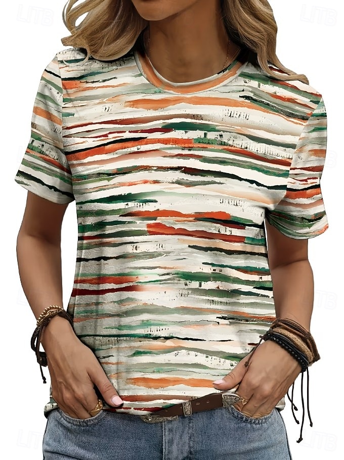 Women's T Shirt Print Graphic Geometric Striped Vintage Stylish Classic Short Sleeve Crew Neck Regular Tops Casual Daily Blue Light Green Pink Light Brown Black Summer Spring 2026 - $21.99 –P1