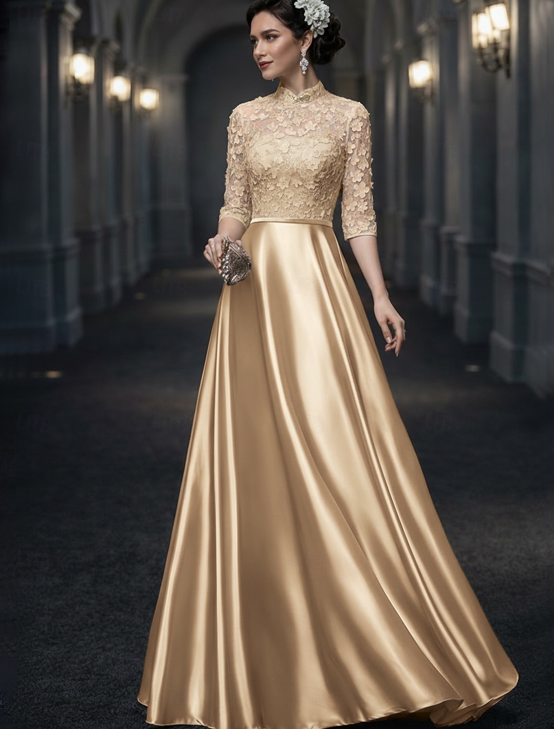 Linea ad A Lunghezza al pavimento Abito da invitata a nozze Abito Formale Abito da sera Abito da cerimonia per signora Mezza Manica Collo Alto Elegante Vintage Ospite di nozze Ricevimento di del 2026 a $103.99 –P10