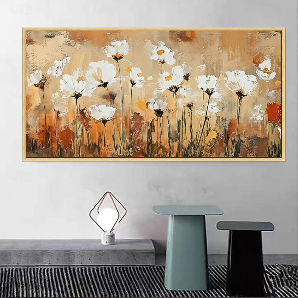 2026年 キャンバスに手描きされた壁掛け絵画、オレンジと白の花の風景