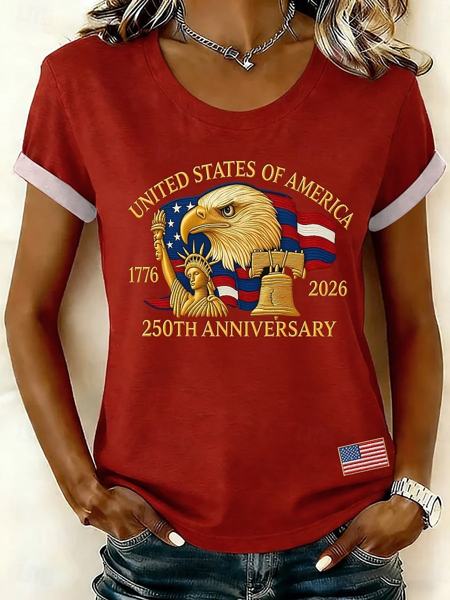 2026年 アメリカ独立記念日 女性用 Tシャツ プリント グラフィック フラッグ アメリカの国旗 ヴィンテージ スタイリッシュ クラシック 半袖 クルーネック ラウンドネック レギュラートップス カジュアル 日常 ホワイト ルビーレッド 夏 春  コレクション – $22.99 –P2