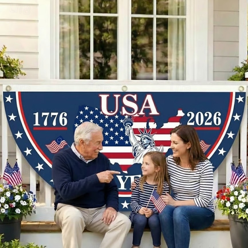 Venkovní vlajka k 250. výročí USA, vlastenecká 1776–2026 s praporem na nádvoří Sochy Svobody a sněmovny k 4. červenci 2026 - $21.99 –P4