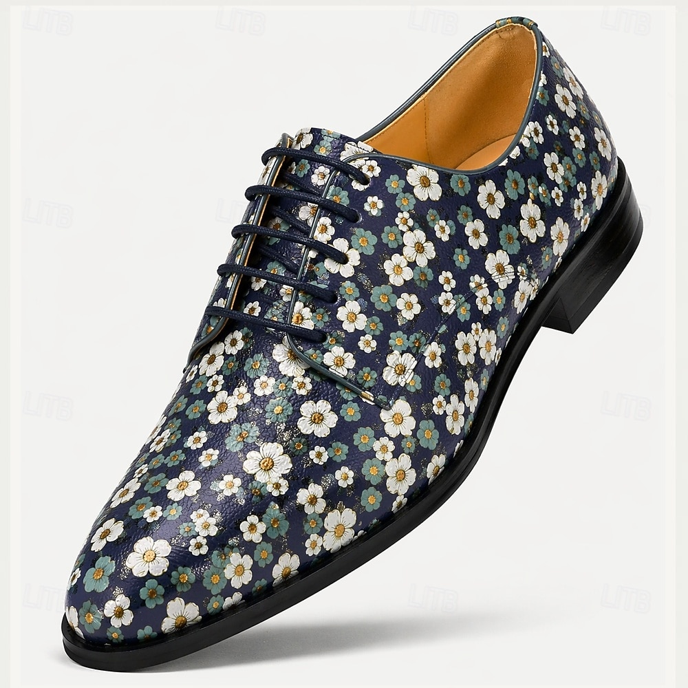 Scarpe eleganti stringate da uomo in vera pelle blu navy con stampa a margherite, modello Oxford vintage floreale, perfette per matrimoni, balli di fine anno, cene e eventi formali. del 2026 a $109.99 –P4
