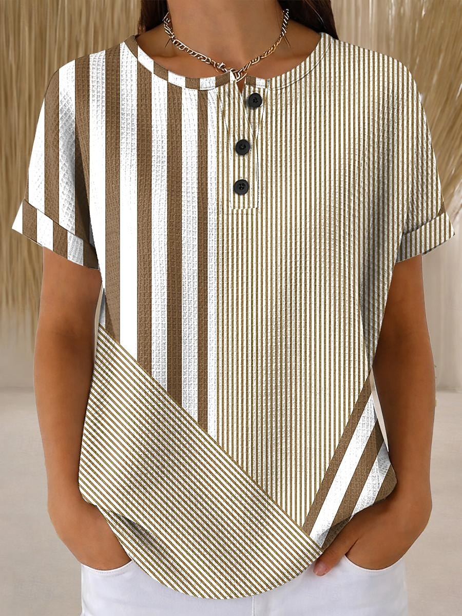 Dames Wafel T Shirt Print Graphic Gestreept Vintage Stijlvol Klassiek Korte Mouw Crew Hals Reguliere Tops Dagelijks Blauw Paars Groen Khaki Zomer Lente 2026 - $24.99 –P2