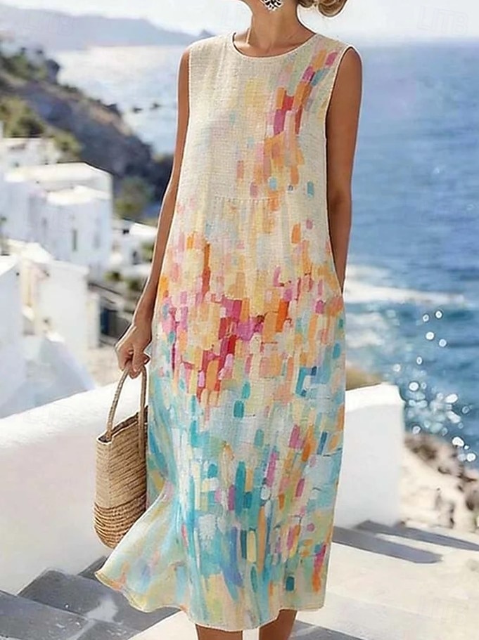Γυναικείο Midi Φόρεμα Λινά Σαβανί Φόρεμα Αλλαγής Α Γραμμή Φόρεμα Διακοπές Καθημερινό Boho Παραλία Καταστάσεις Κανονική Χαλαρή Φόρμα Λουλουδένιο Γραφικό Χωρίς Μανίκια Crewneck Μπλε Καλοκαίρι Άνοιξη 2026 - $39.99 –P3