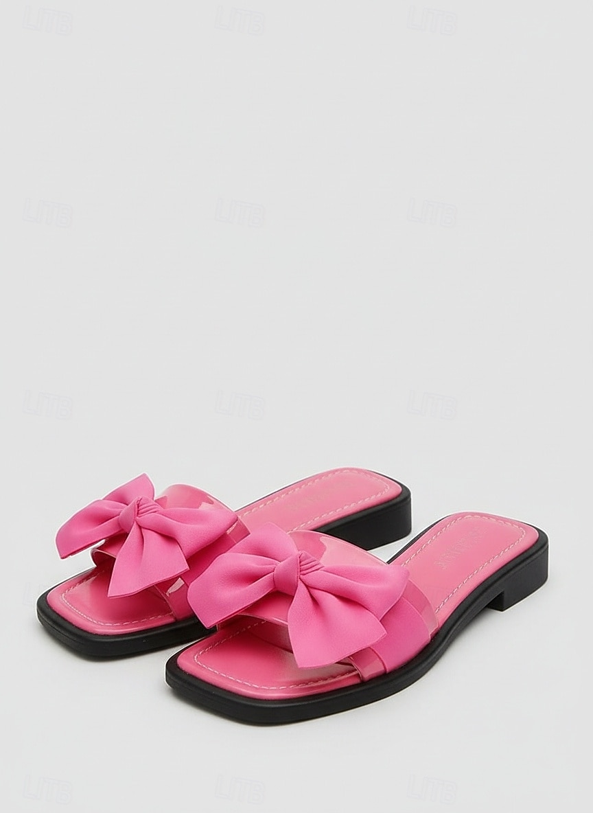 Opvallende roze slippers met strik voor dames - chique platte slippers met vierkante neus en oversized decoratieve knopen, perfect voor luxe hotelvakanties en stranduitjes. &zomerresort luieren 2026 - $24.99 –P3