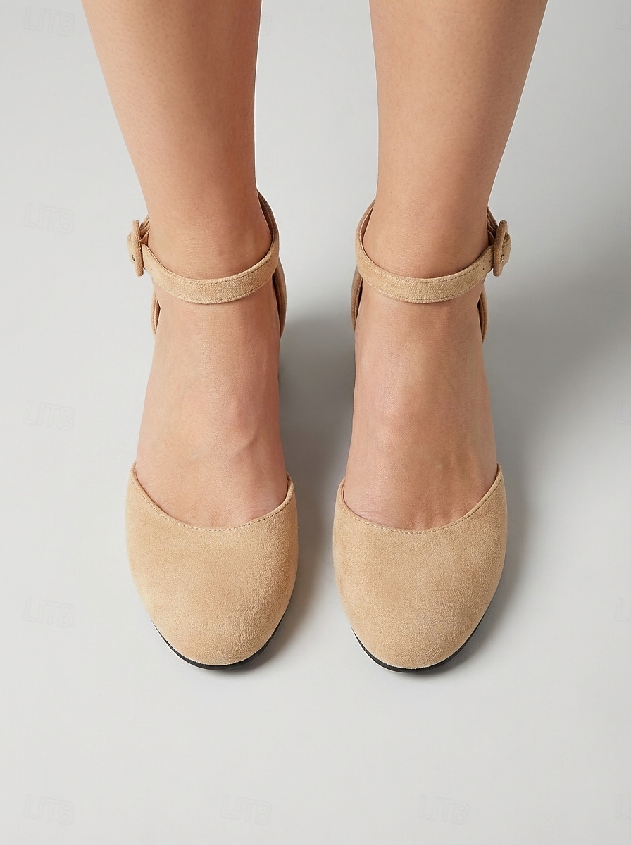 Décolleté da donna in camoscio beige con tacco a blocco, punta tonda e cinturino alla caviglia, ideali per feste in giardino e matrimoni. &eventi all'aperto del 2026 a $42.99 –P3