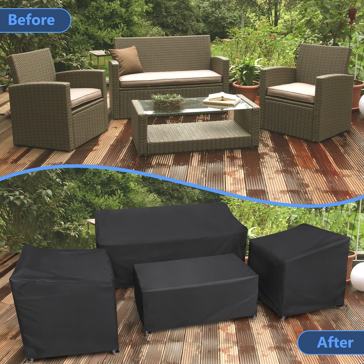 Capa impermeável para móveis de exterior, conjunto de 4 peças para sofá, cadeiras de jardim e mesa de centro, resistente ao vento com fivela, preta. de 2026 por $64.05 –P7