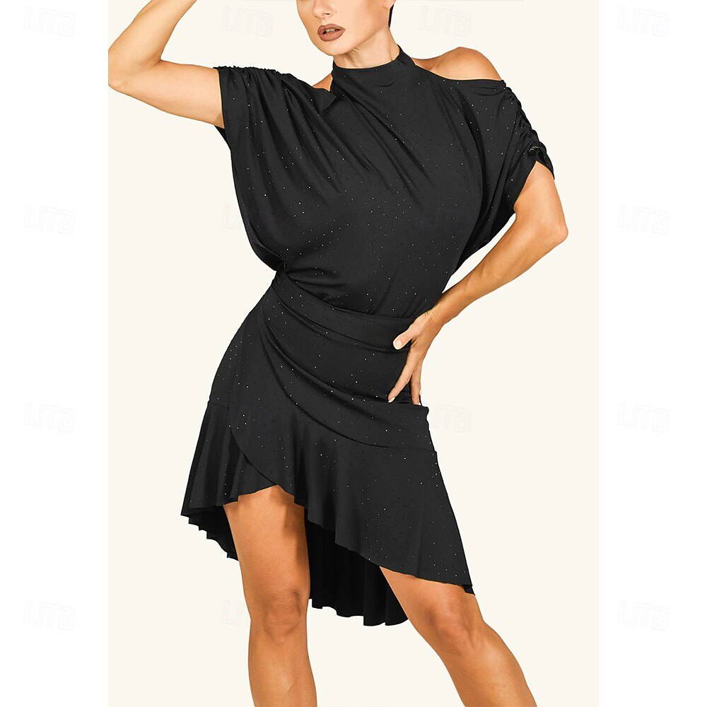 Falda negra asimétrica con volantes para baile latino de mujer - ropa brillante para practicar actuaciones de salsa y cha-cha 2026 - $73.99 –P4