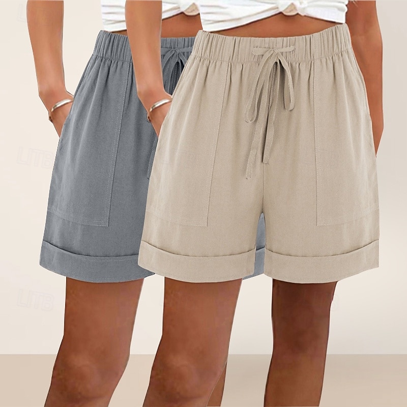 pachete multiple 2 buc pantaloni scurți de damă din bumbac și in, pantaloni scurți de vară, pantaloni scurți de plajă, vacanță, pantaloni scurți simpli, talie înaltă, simplu, cu buzunar, talie elastică, confortabili, moi, confortabili, neelastici, zilnic, 2026 - $31.99 –P8