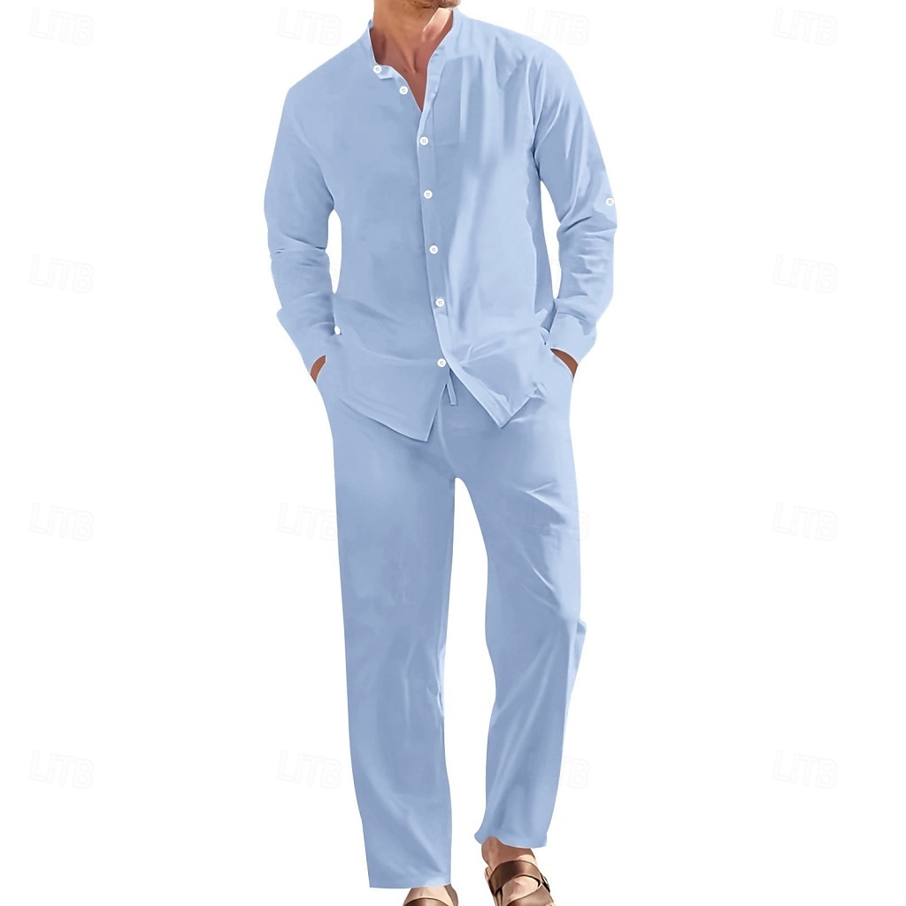 Homme Chemise en lin Deux pièces Ensemble Chemise Et Pantalons en Lin Pantalons Pantalon décontracté Set Uni Quotidien Extérieur Vacances Col grand-père manche longue Été Printemps Mode Occasionnel de 2026 ? $41.99 –P1