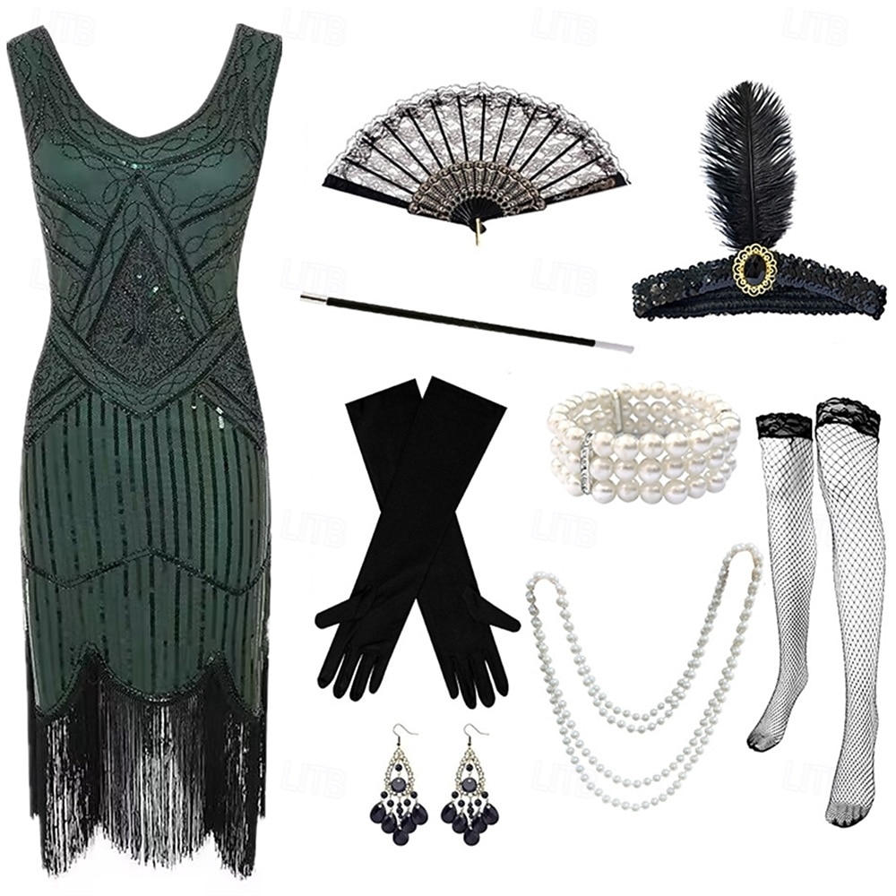 Zabytkowe Ryczące 20s 1920 roku Do kolan Sukienka w stylu lat 20-tych Rękawiczki Nakrycie głowy Bez rękawów Wielki Gatsby Czarleston Cekiny Frędzel Strój na bal maskowy Damskie Halloween Karnawał 2026 - $64.99 –P16