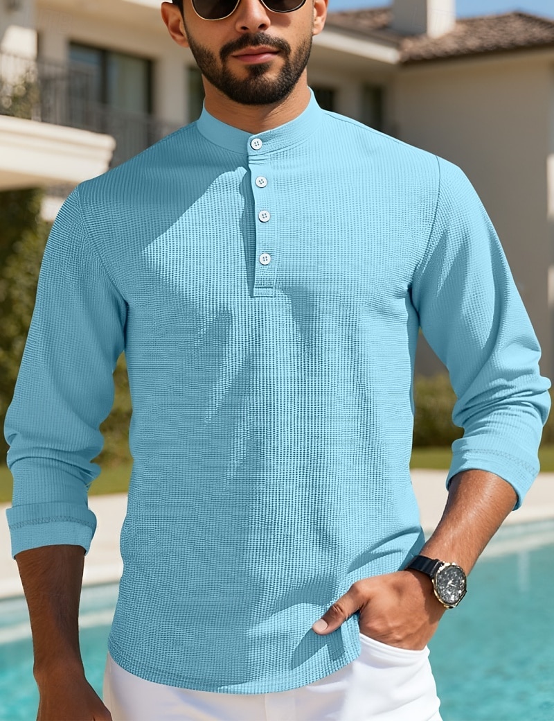 Herren T Shirt Waffel-Henley-Hemd Henley Hemd Langarmshirt Langarm Henley Sommer Frühling Einfach Mode Streetwear Freizeit Knöpfe Lässig Täglich Urlaub Blau Schwarz Weiß Top T-Shirt für Herren 2026 - $24.99 –P4