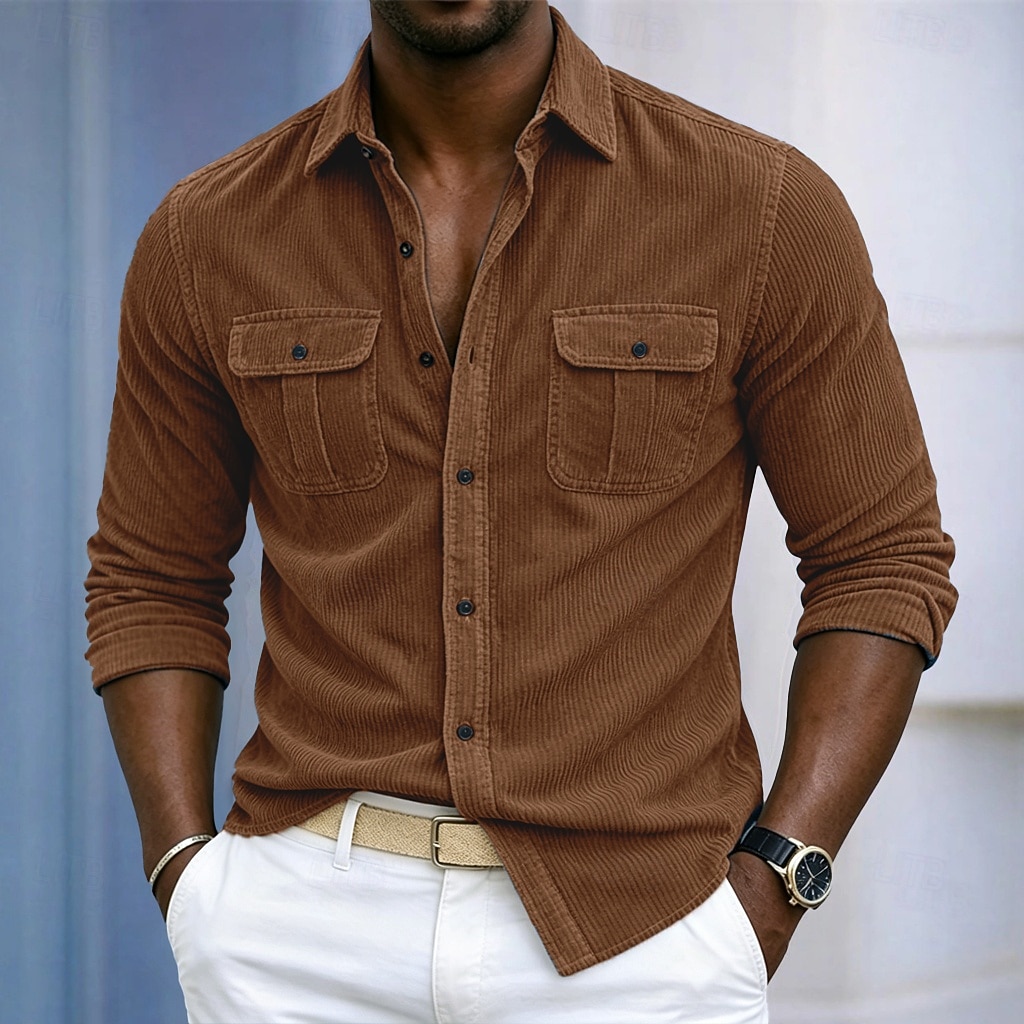 Homens Camisa Social Camisa casual Camiseta de Veludo camisa de botão Azul Vermelho Marron Verde Azul Escuro Manga Longa Tecido Colarinho de Camisa Casual Diário Bolso frontal Roupa Elegante Moda de 2026 por $31.99 –P4