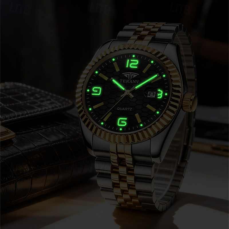 Montre homme de luxe, cadran noir nid d'abeille, mouvement quartz bicolore or et argent en acier inoxydable, lunette cannelée, montre habillée avec date, bijou élégant à offrir. de 2026 ? $21.99 –P11