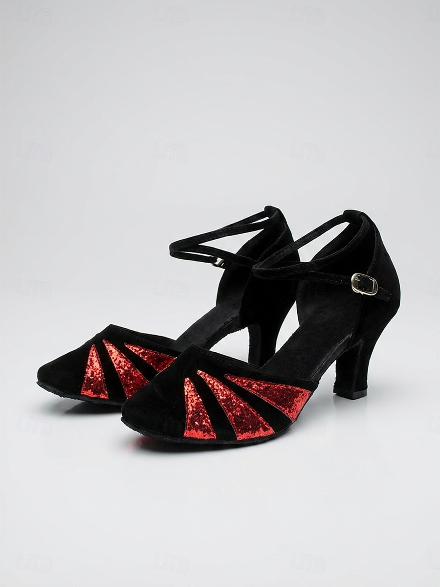 Zapatos de tacón de ante negro estilo Gran Gatsby de los años 20 para mujer: elegantes zapatos de salón rojos con purpurina y estampado de rayos de sol, con correa en el tobillo, ideales para fiestas 2026 - $34.99 –P3