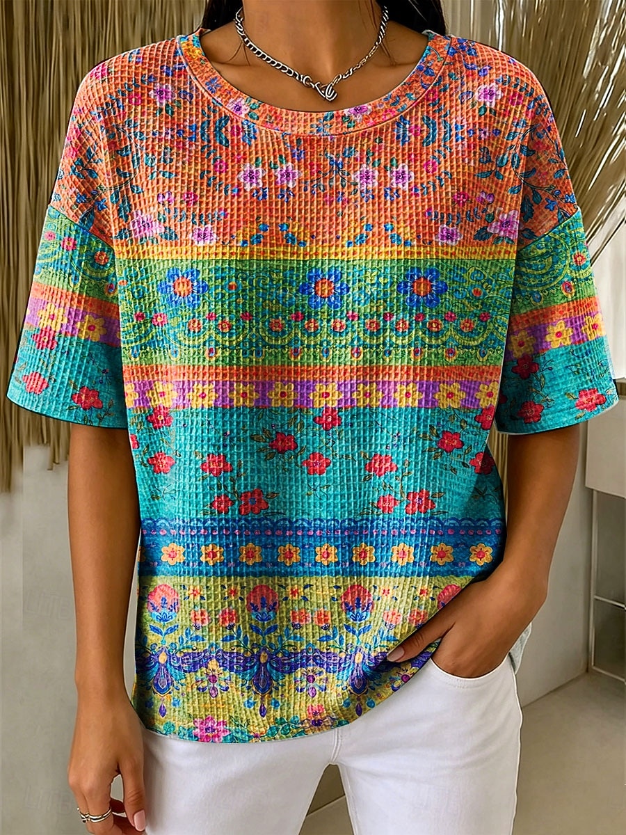 Per donna Maglietta Waffle Top a maglia con texture A strisce Floreale Grafico Geometrico Elegante Classico Manica Corta Girocollo Top Regolari Casuale Quotidiano Blu Giallo Verde Cachi Estate del 2026 a $21.99 –P6