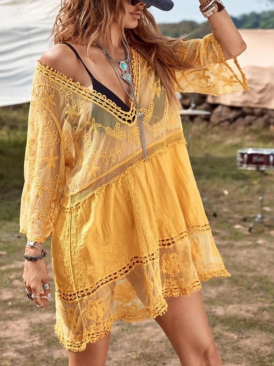 Γυναικεία Μαγιό Που καλύπτει Μαγιό-φόρεμα Μαγιό Δαντέλα Διακοπές Ρούχα παραλίας Συμπαγές Χρώμα Λαιμόκοψη V Μακρυμάνικο Μαγιό 2026 - $22.48 –P18