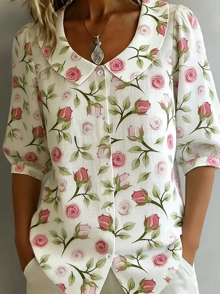 Mujer Camisa Camisa con botones Blusa Botones Floral Elegante Clásico Moderno Manga Larga Cuello Camisero Tops regulares Diario Festivos Noche Blanco Rosa Verde Trébol Rosa Brillante Verano Primavera 2026 - $28.99 –P2