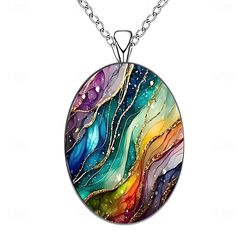 Collier pendentif ovale en verre, style rétro tendance, orné d'un ciel étoilé coloré et onirique, pour femmes et hommes. Bijou accessoire pour le cou. de 2026 ? $9.99 –P5