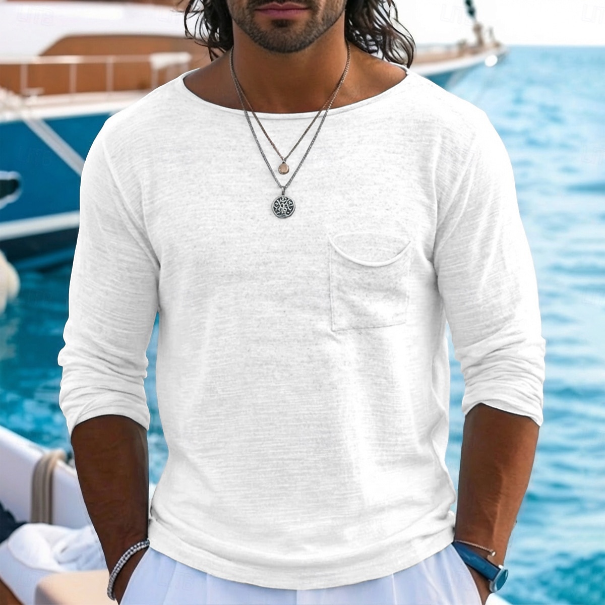 Voor heren Linnen T-shirt Lange mouw Boothals Zomer Lente Alle seizoenen Effen Kleur Vintage Bohémien Casual Puur Casual Vakantie Straat blauw Zwart Wit Top T-shirt voor mannen 2026 - $20.99 –P1