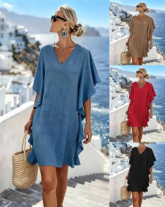 Damen Knielanges Kleid Shiftkleid Freizeitkleid Jeanskleid Mode Klassisch Täglich Outdoor Urlaub Lässiger Schnitt Einfach Kurzarm V Ausschnitt Magenta Schwarz Braun Khaki Sommer Frühling 2026 - $24.99 –P5