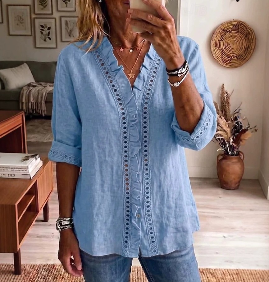 Damen Hemd Patchwork Bestickt Einfarbig Einfach Elegant Bohemien Urlaub Umlegekragen Lange Oberteile Lässig Blau Gelb Rosa Sommer Frühling 2026 - $31.99 –P3