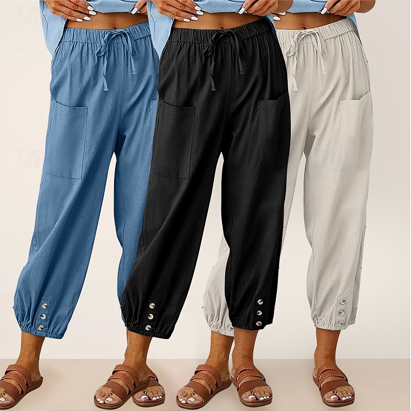Conjunto com 3 calças capri femininas de algodão, ideais para o verão, casuais, básicas, cintura alta, lisas, com bolsos, cintura elástica, confortáveis, respiráveis, sem elasticidade, para uso diário, em casa e nas férias, nas cores azul, azul marinho e  de 2026 por $47.99 –P2