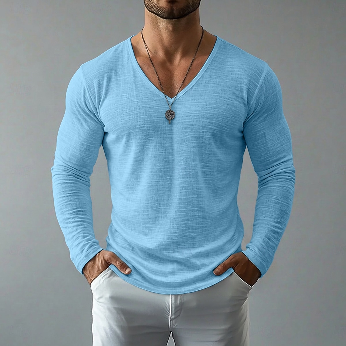 Men's Tee Top Linen T-Shirt Long Sleeve V Neck Spring & Summer Summer Spring Solid Color Daily Casual Street Style Plain Casual Outdoor Street Blue Lake blue Black Top Tee for Men 2026 - $20.99 –P10
