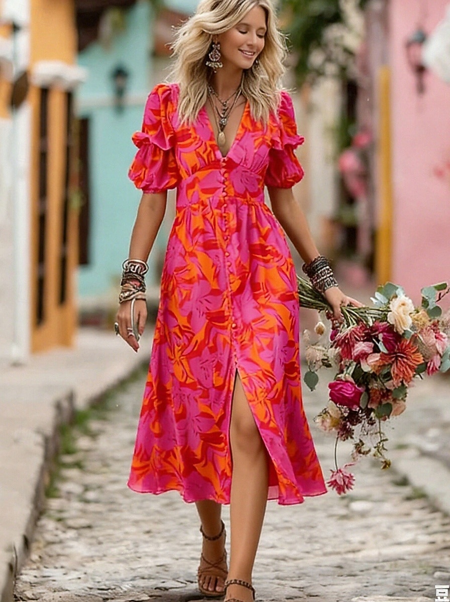 Mulheres Vestido Longo Vestido casual Vestido floral Elegante Moda Moderno Ao ar livre Férias Para Noite Normal Floral Manga Curta Decote V Vermelho Verão Primavera de 2026 por $39.99 –P1