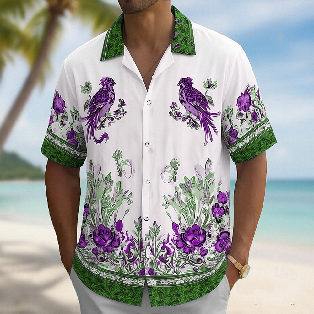 Men's Bird Floral Print Tropical Flowers Shirt Cuban Collar Shirt Summer Hawaiian Shirt Short Sleeve Hawaiian Vacation Holiday Beach Wear Summer Spring Camp Collar Shirt 3D Print Blue Green 2026 - $25.99 –P2