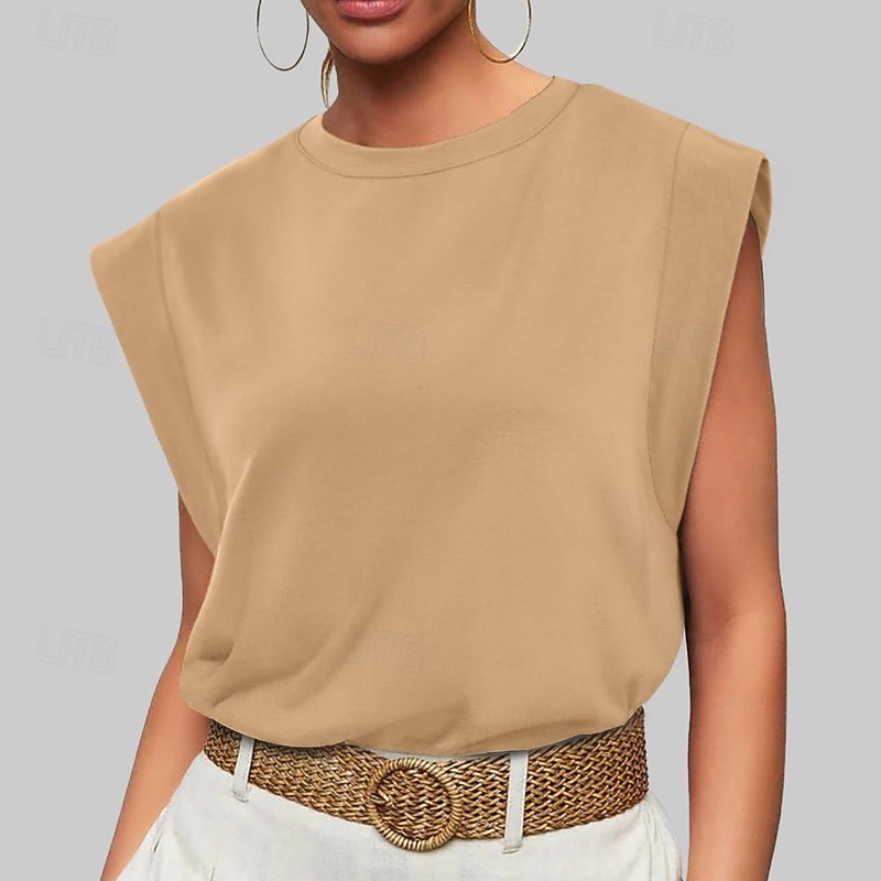 Mulheres Camiseta Côr Sólida Clássico Casual Sem Manga Gola Redonda Tops regulares Diário Para Noite Final de semana Preto Branco Vinho Verde Escuro Damasco Verão Primavera de 2026 por $22.99 –P6