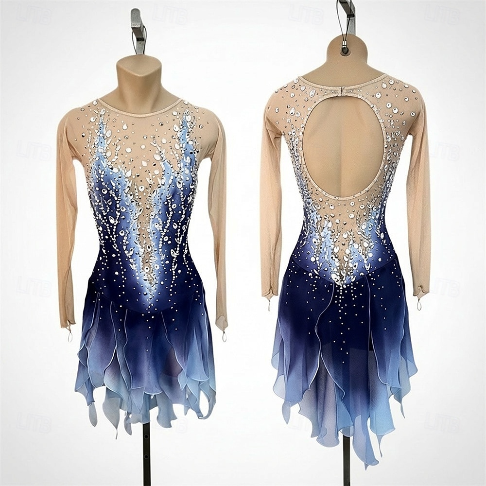 Figure Skating Dress Women's Ice Skating Dress Navy Patchwork Open Back Spandex Mesh High Elasticity Training Competition Skating Wear Classic Crystal / Rhinestone Long Sleeve Ice Skating Figure 2026 - $280.29 –P1