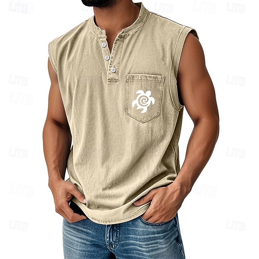 SoftFade™ Men's Vest Top Demin Shirt Sleeveless Henley Spring Graphic Plain Basic Garment Dyed Faded Vintage Washed Vacation Street Going out Black Dark Green Khaki Top Tee for Men 2026 - $28.99 –P7