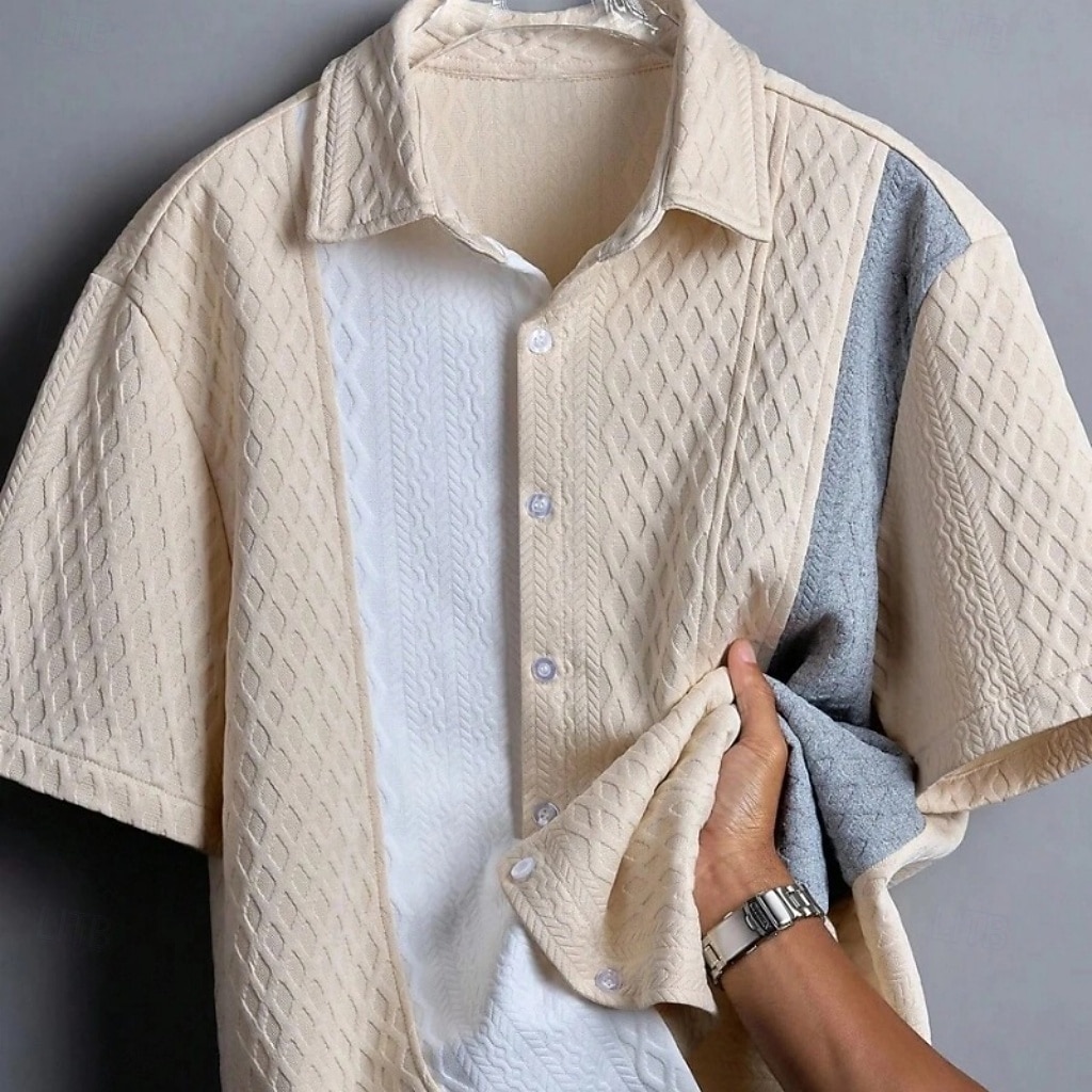 Men's Shirt Casual Shirt Button Up Shirt Jacquard Shirt Blue Black Pink Apricot Short Sleeve Color Block Shirt Collar Casual Daily Front Pocket Clothing Apparel Elegant Fashion Casual 2026 - $26.99 –P1