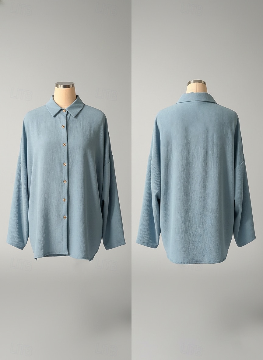 2026年 女性用 シャツ ブラウス フェイクリネンシャツ 純色 ベーシック カジュアル 長袖 ラペル レギュラートップス カジュアル 日常 ブルー ブラック ホワイト イエロー ピンク 夏 春  コレクション – ₪71 –P2