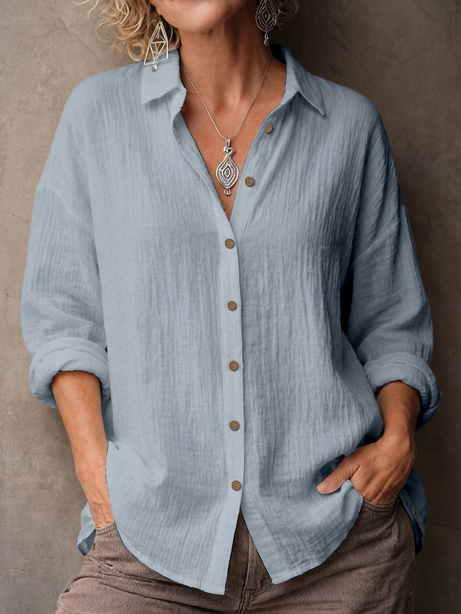 2026年 女性用 シャツ ブラウス フェイクリネンシャツ 純色 ベーシック カジュアル 長袖 ラペル レギュラートップス カジュアル 日常 ブルー ブラック ホワイト イエロー ピンク 夏 春  コレクション – ₪71 –P1