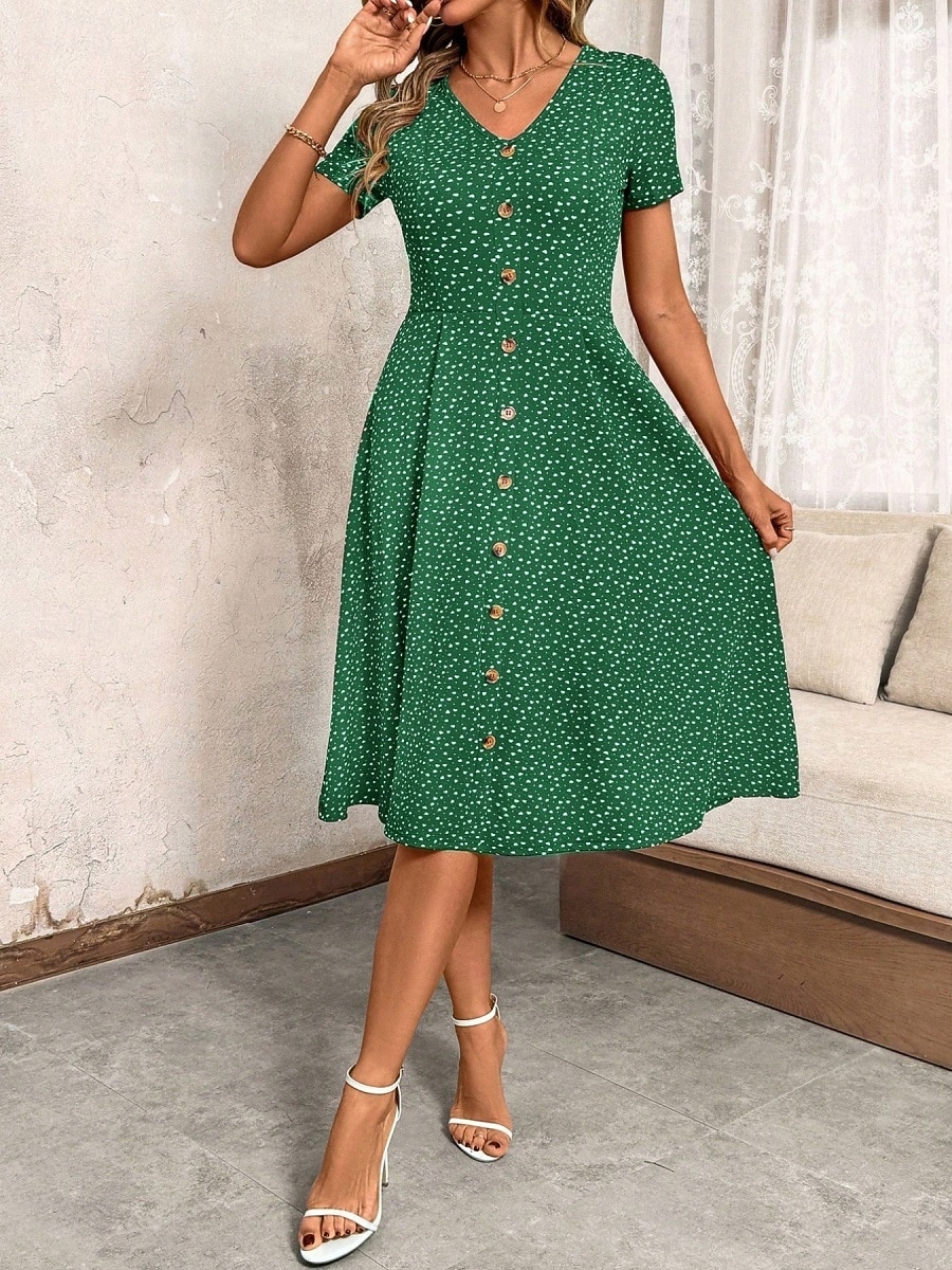 Women's Midi Dress A Line Dress Casual Outdoor Going out Regular Fit Polka Dot Short Sleeve V Neck Navy Black Wine Green Summer Spring 2026 - $27.99 –P4