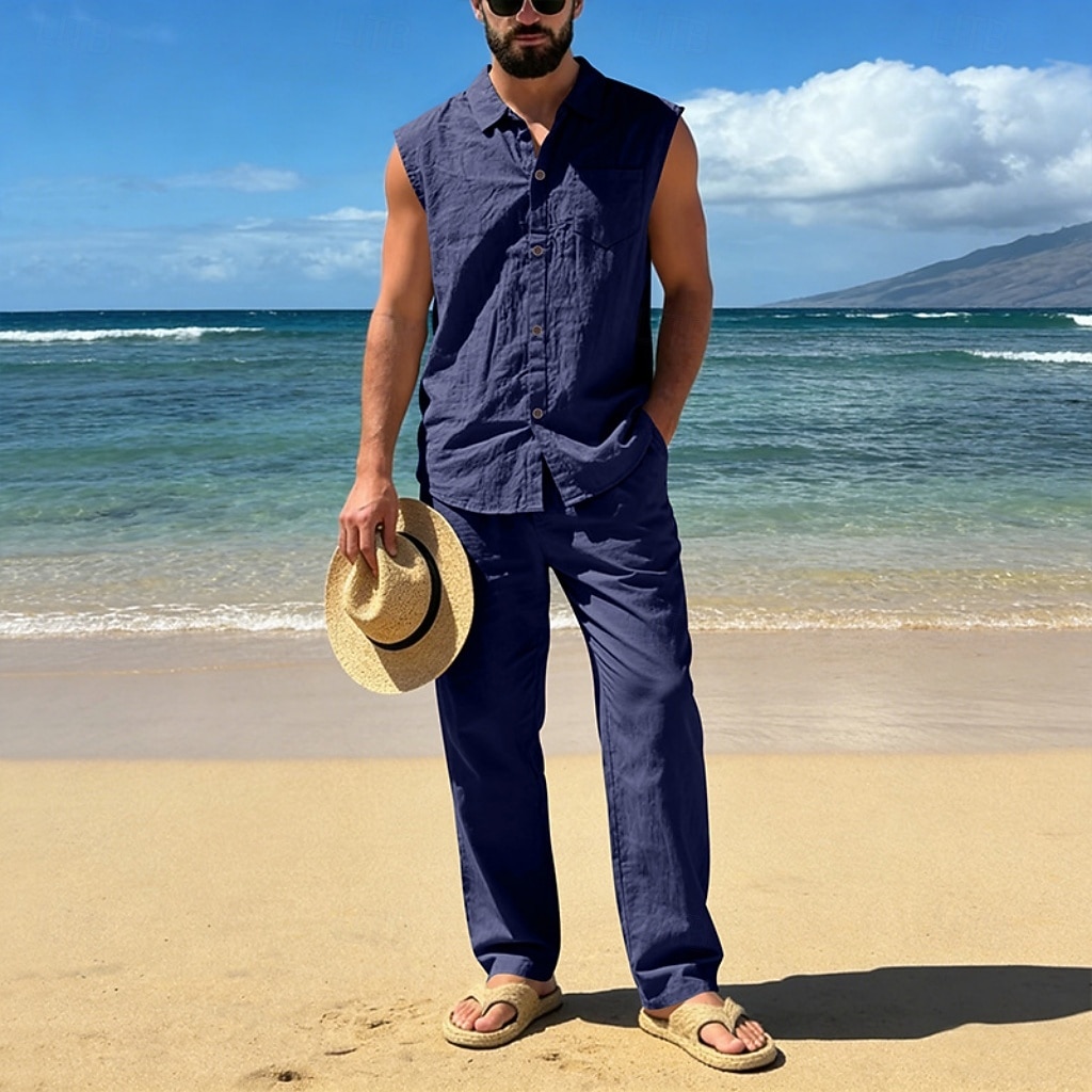 Male Linen Shirt 2 Piece Shirt Set And Linen Pants Trousers Casual Pants Set Plain Daily Outdoor Vacation Turndown Sleeveless Summer Fashion Casual Comfortable Clothing Apparel 2026 - $36.99 –P4