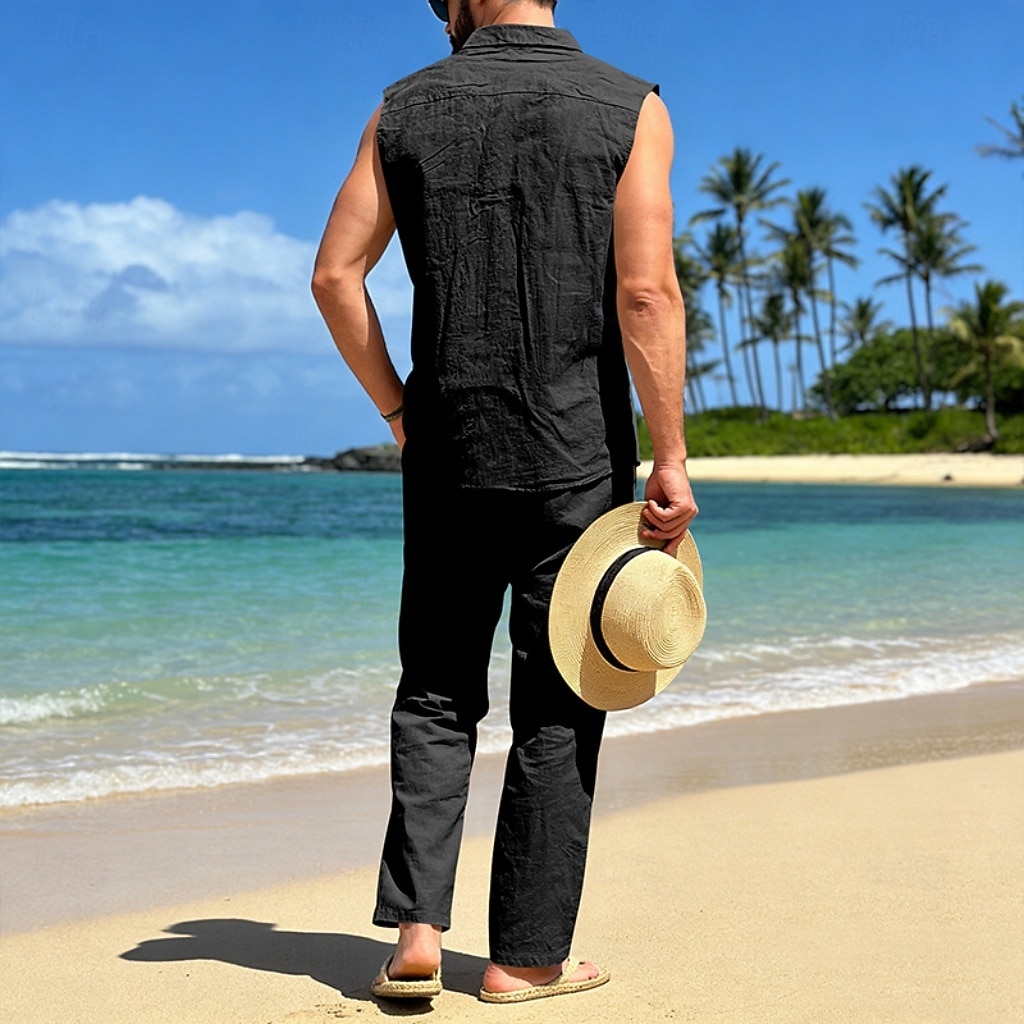 Male Linen Shirt 2 Piece Shirt Set And Linen Pants Trousers Casual Pants Set Plain Daily Outdoor Vacation Turndown Sleeveless Summer Fashion Casual Comfortable Clothing Apparel 2026 - $36.99 –P9