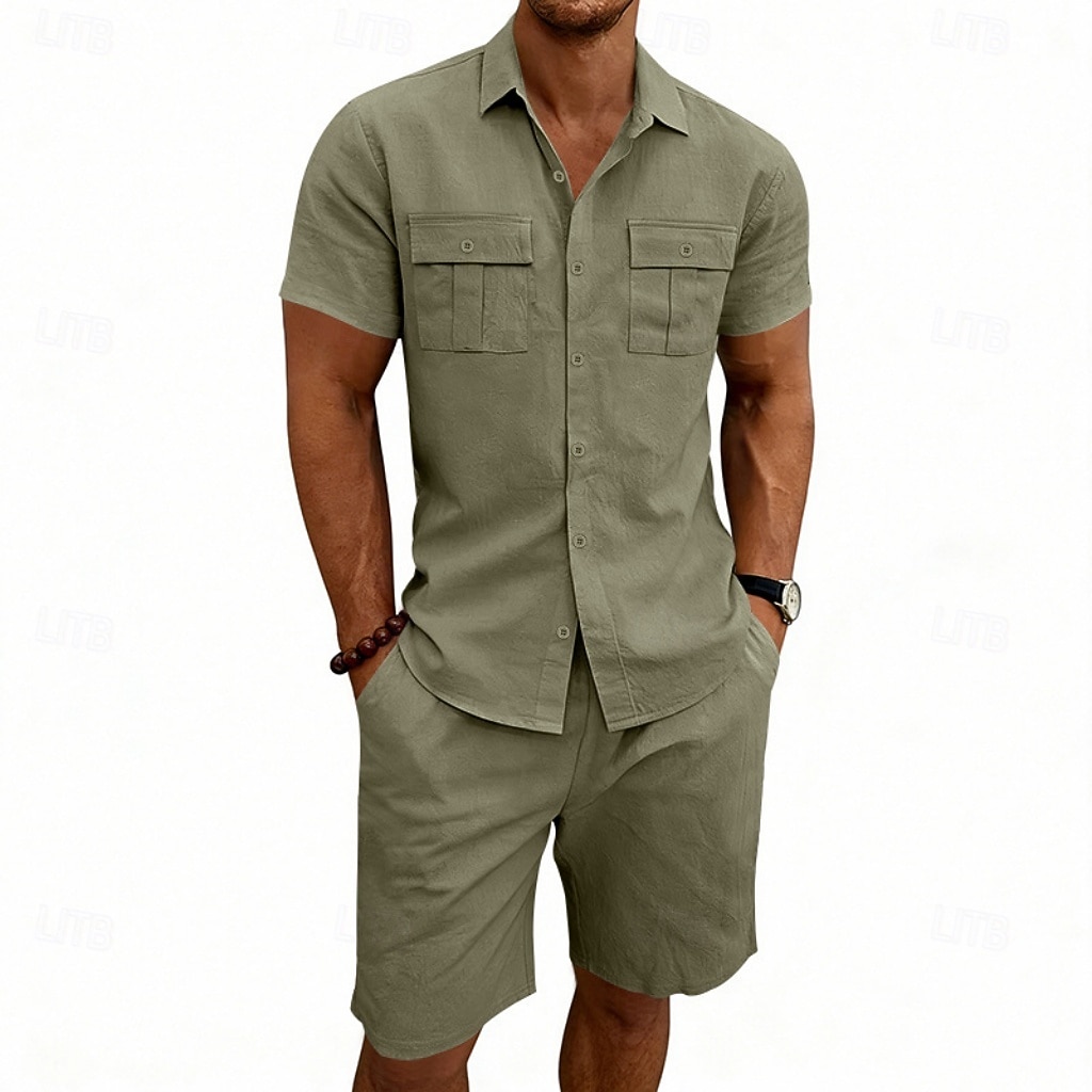 Per uomo Camicia di lino Due pezzi Set Camicia E Shorts Shorts di Lino Shorts da Spiaggia Impostare Semplice Quotidiano All'aperto Vacanza Collo ripiegato Manica Corta Estate Moda Casual Confortevole del 2026 a $32.99 –P15